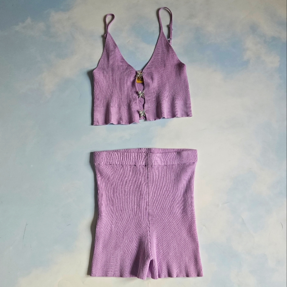 Purple Ribbed Knit Tank and Shorts Set Baddie Outfit Rhinestone Outfit